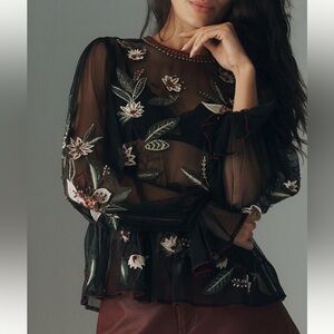 NWT By Anthropologie sheer mesh embroidered baby doll top